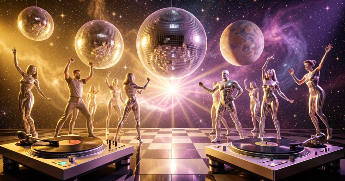 Cosmic disco scene with mirror ball planets and retro futuristic dancers.