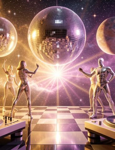 Cosmic disco scene with mirror ball planets and retro futuristic dancers.
