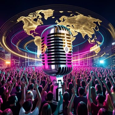 Digital radio signal moving through a global music culture scene.
