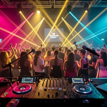 Radio microphone and DJ booth blending into nightlife culture.