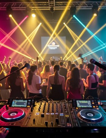 Radio microphone and DJ booth blending into nightlife culture.