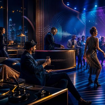 Stylish adult listeners enjoying music in an elegant broadcast lounge and illuminated dance floor overlooking a city at night.
