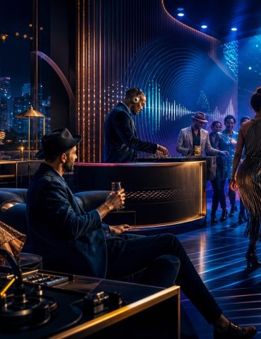 Stylish adult listeners enjoying music in an elegant broadcast lounge and illuminated dance floor overlooking a city at night.