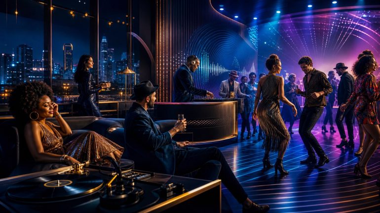 Stylish adult listeners enjoying music in an elegant broadcast lounge and illuminated dance floor overlooking a city at night.