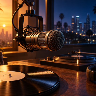 Illustration of a broadcast microphone above vinyl records and a turntable, with amber and blue light across a city-view studio.