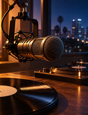Illustration of a broadcast microphone above vinyl records and a turntable, with amber and blue light across a city-view studio.