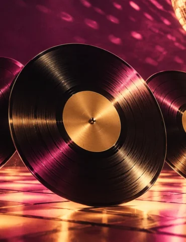 Three vinyl records under warm gold and magenta disco lights